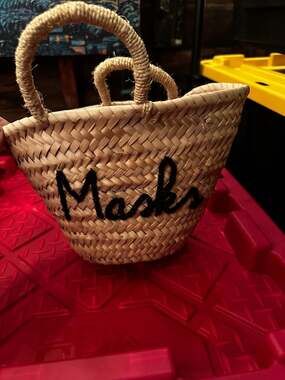 small Poolside Woven Palm Leaf Straw Basket with Custom 'Masks' Embroidery